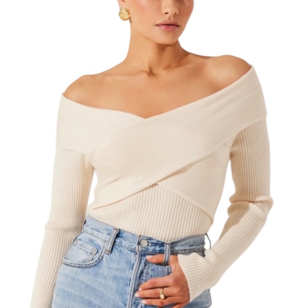 Astr The Label Large Cream Ribbed Off The Shoulder Wrap Sweater